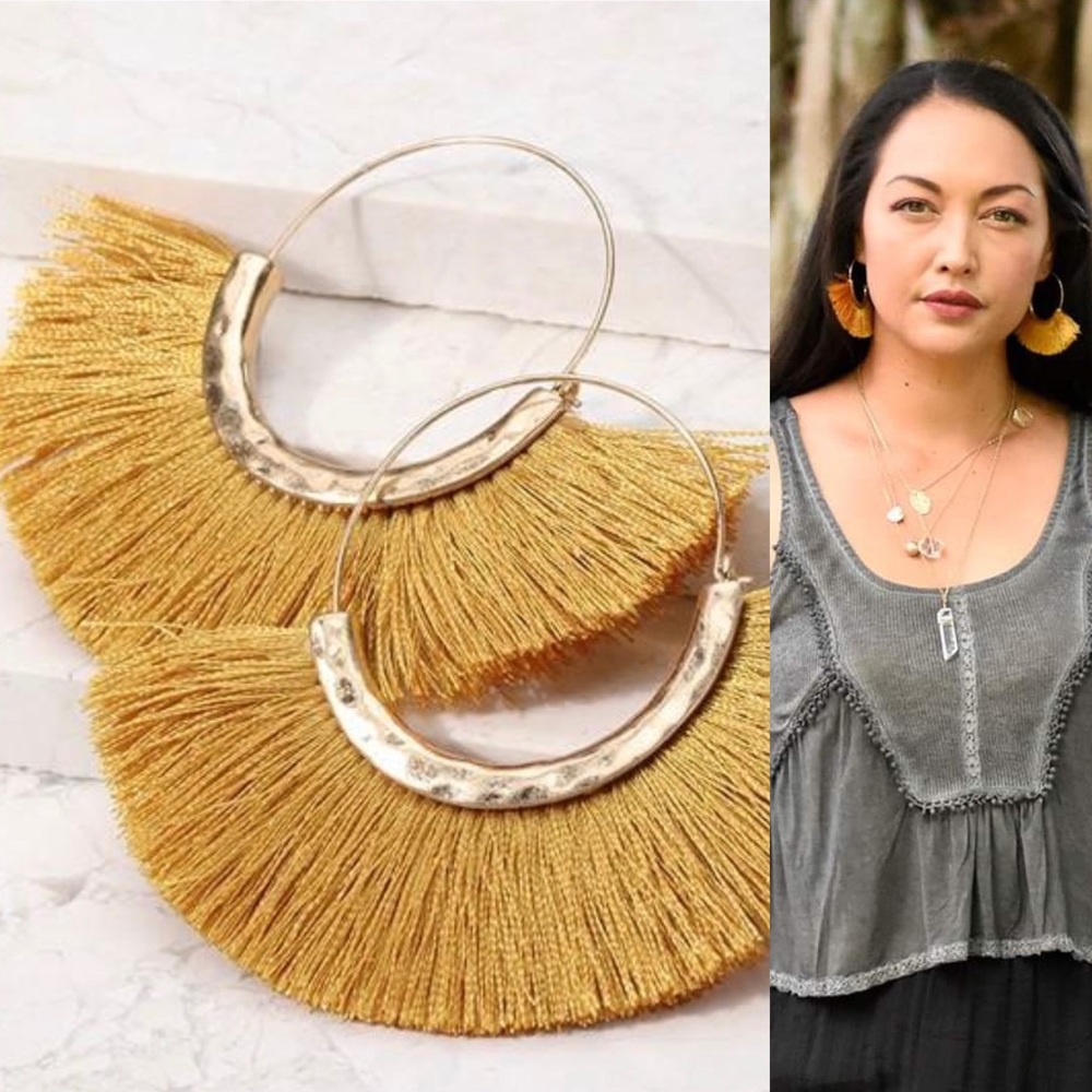 🚨 ONE left!! Mustard Fringe Hoop Earrings - Picture 3 of 3